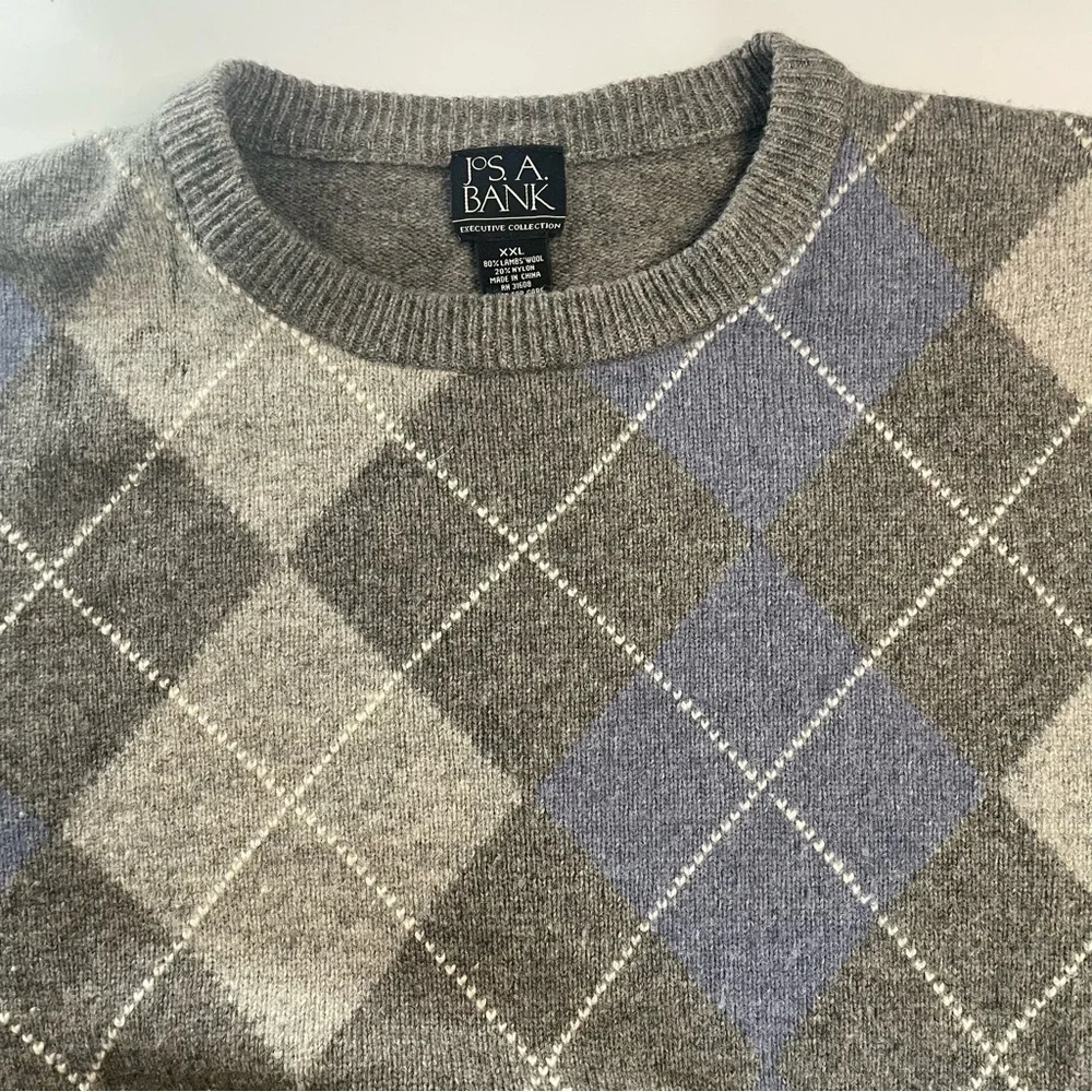 Jos. A. Bank Executive Collection XXL Gray Argyle Lambs Wool Sweater PRE…